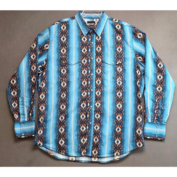 Wrangler Pearl Snap Shirt XL Southwestern Aztec‎ Mens Long Sleeve Blue - Picture 2 of 8